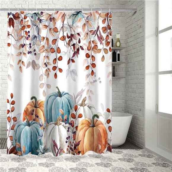 Thanksgiving Shower Curtain, Watercolor Pumpkins & Eucalyptus, 72x72 in w/ Hooks - Picture 5 of 7
